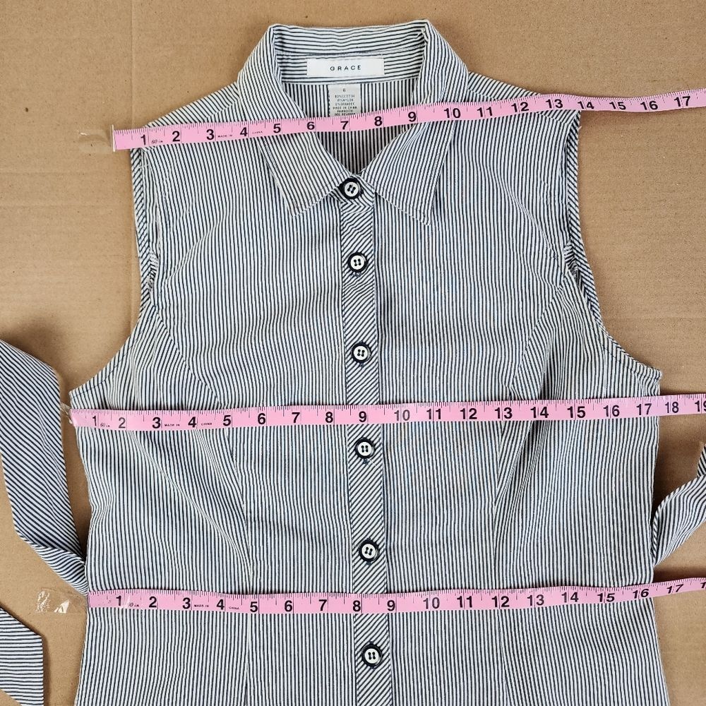 Grace Sleeveless Dress Blue Striped Midi Button Front Cotton Blend Tie Waist 6 - Picture 7 of 12